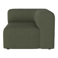 Olive green upholstered sofa with a contemporary, minimalist design. Smooth texture, no visible patterns.