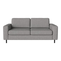 Gray upholstered sofa with a minimalist design, featuring a subtle textured pattern and sleek black metal legs.