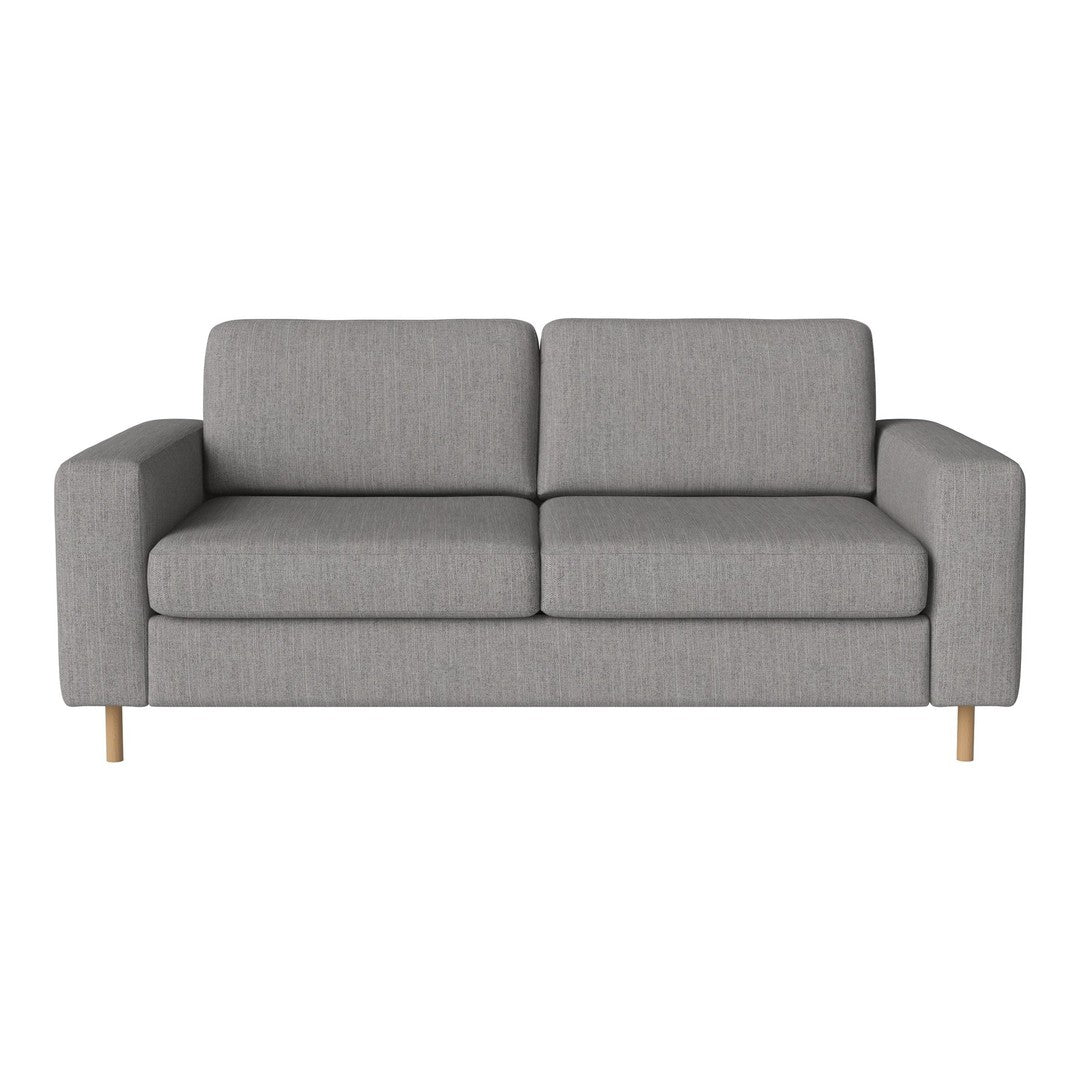 Gray two-seater sofa with clean lines and minimalist design, featuring smooth fabric and light wooden legs.