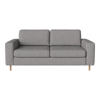 Gray two-seater sofa with clean lines and minimalist design, featuring smooth fabric and light wooden legs.
