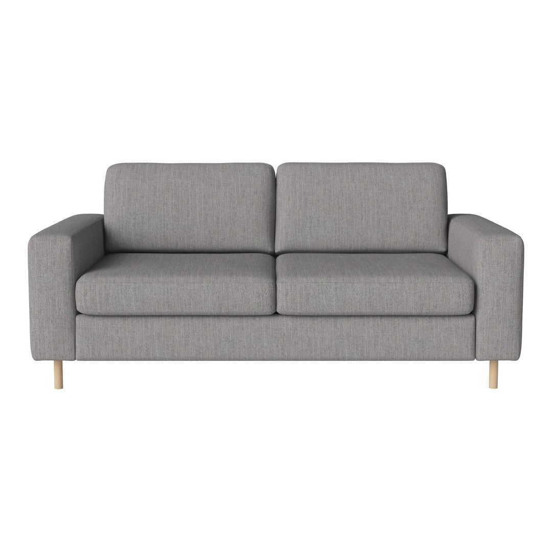 Gray upholstered sofa with a minimalist design and natural wood legs, featuring a smooth texture and simple lines.