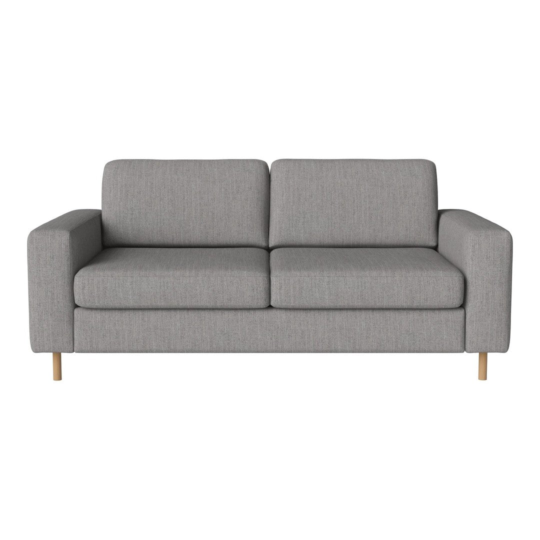 Gray fabric sofa with smooth texture and minimalist design, featuring clean lines and wooden legs.