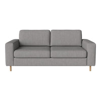 Gray fabric sofa with smooth texture and minimalist design, featuring clean lines and wooden legs.