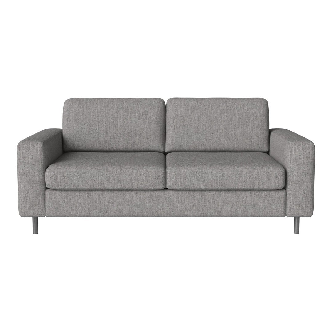Grey upholstered sofa with clean lines and a minimalist design, featuring a textured fabric pattern.