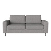 Grey upholstered sofa with clean lines and a minimalist design, featuring a textured fabric pattern.