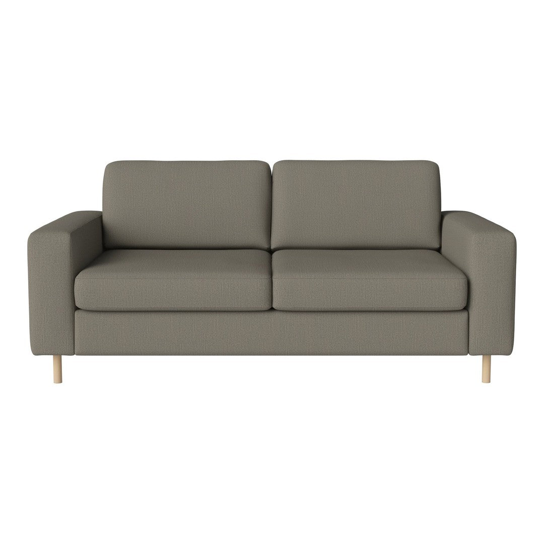 Stylish gray two-seater sofa with clean lines and a minimalist design, featuring light wooden legs.