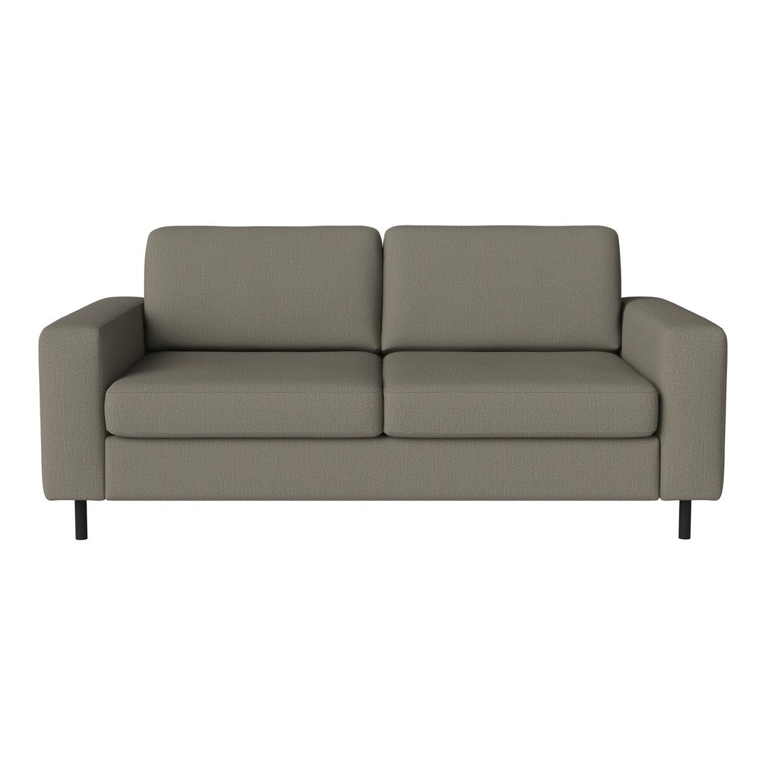 Stylish gray sofa with a smooth texture and minimalist design, featuring straight lines and sleek black legs.