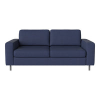 Navy blue fabric sofa with smooth texture and minimalist design, featuring sleek silver legs.