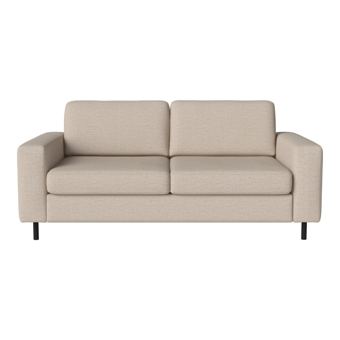 Beige upholstered sofa with a minimalist design, featuring smooth, textured fabric and sleek black legs.
