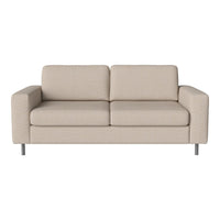 Light beige fabric sofa with a minimalist design and silver metal legs, perfect for modern interiors.