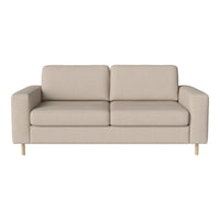 Light beige sofa with smooth fabric and minimalist design, featuring clean lines and natural wood legs.
