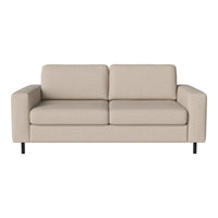 Beige two-seater sofa with clean lines and a textured fabric, complemented by black metal legs.