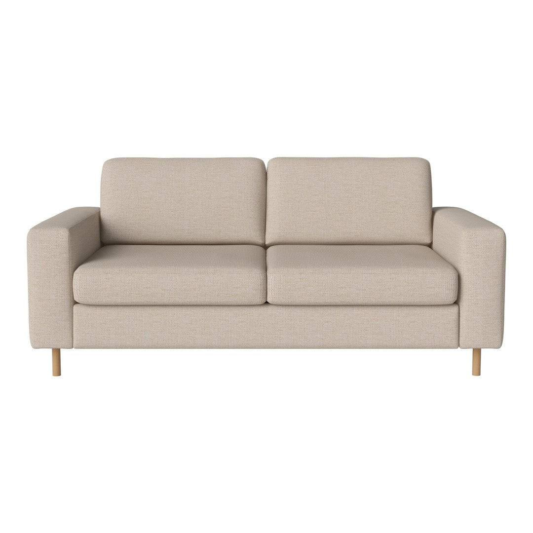 Beige two-seater sofa with clean lines and textured fabric, featuring natural wood legs for a minimalist look.