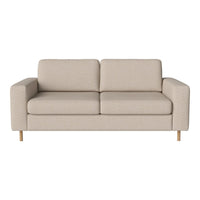 Beige two-seater sofa with clean lines and textured fabric, featuring natural wood legs for a minimalist look.