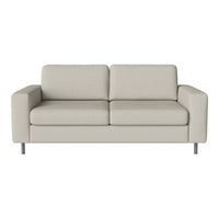 Light beige sofa with a smooth fabric texture and minimalist design, featuring straight lines and a modern silhouette.