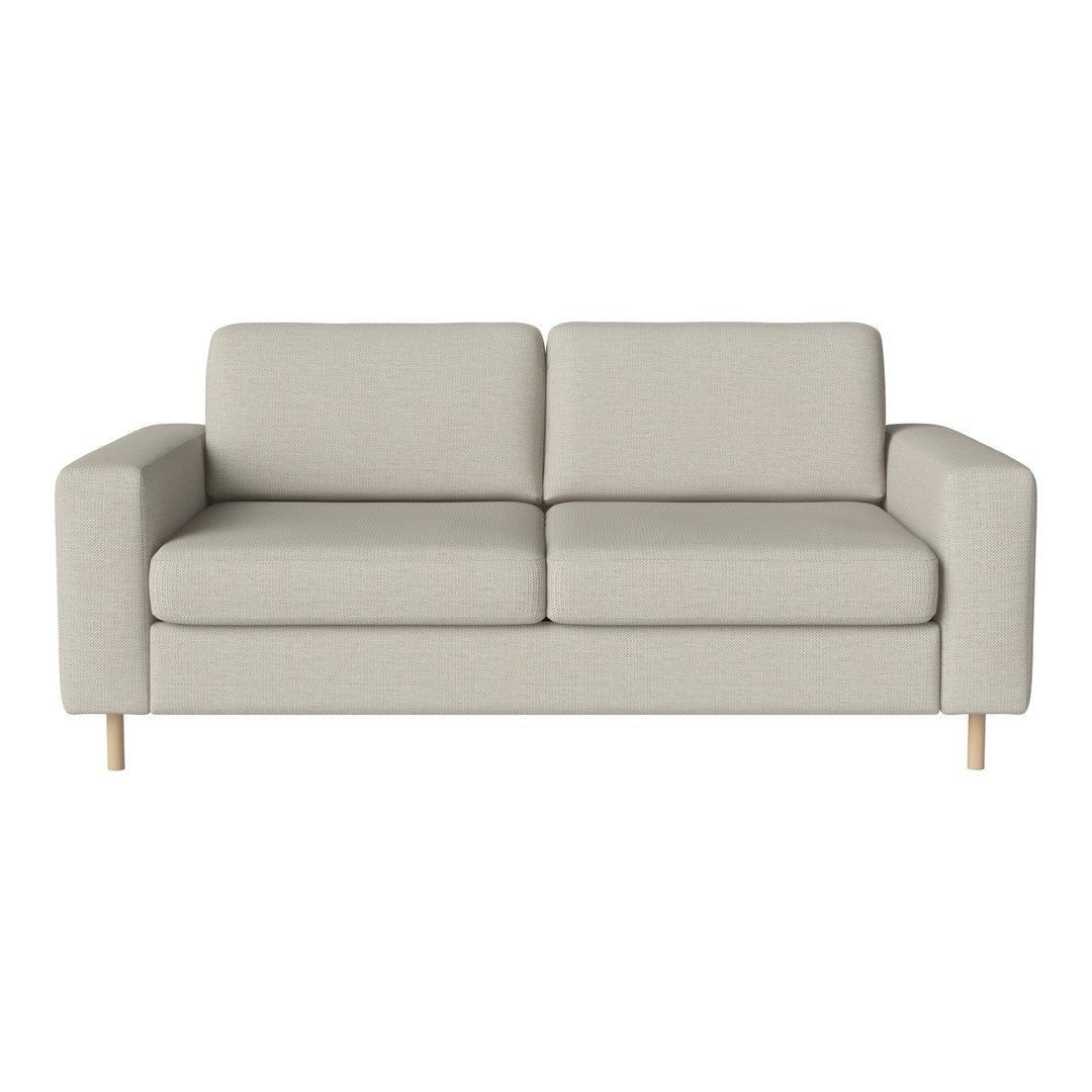 Light gray fabric sofa with clean lines and a minimalist design, featuring soft cushions and wooden legs.