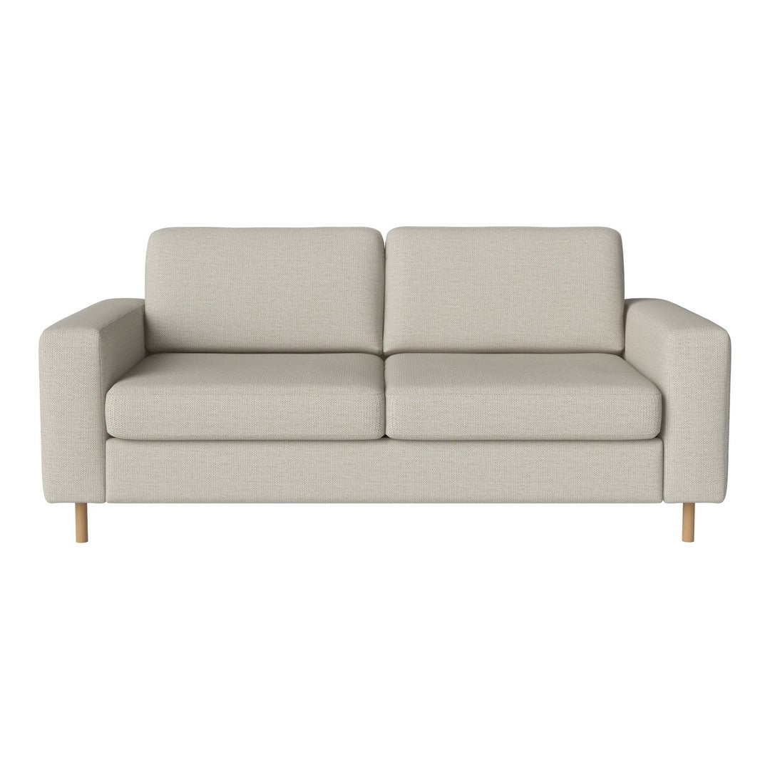 Light beige two-seater sofa with minimalist design and smooth fabric upholstery, featuring simple wooden legs.