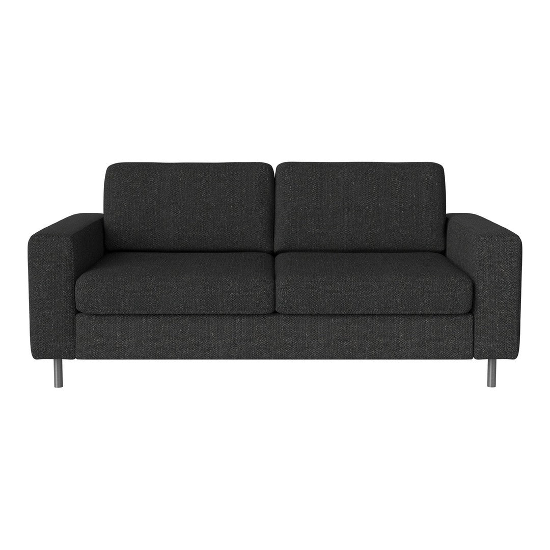 Modern dark gray sofa with a sleek fabric texture and minimalist design, complemented by silver metal legs.