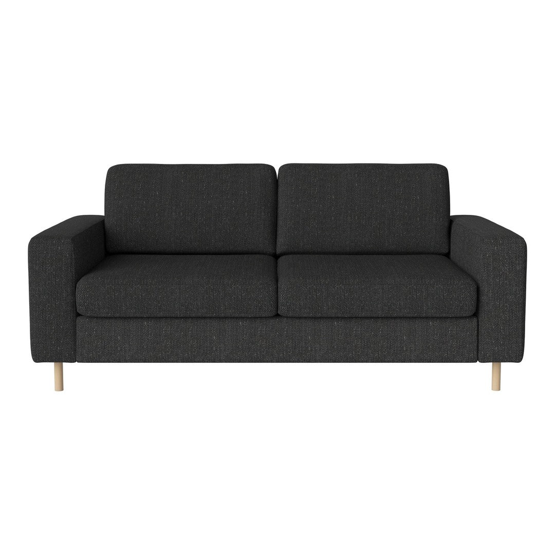 Stylish dark gray sofa with clean lines and wooden legs, perfect for modern living spaces.