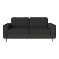 Dark grey fabric sofa with a sleek, modern design and square armrests, featuring a textured pattern.