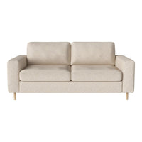 Beige two-seater sofa with a smooth texture and minimalist design, featuring light wooden legs.