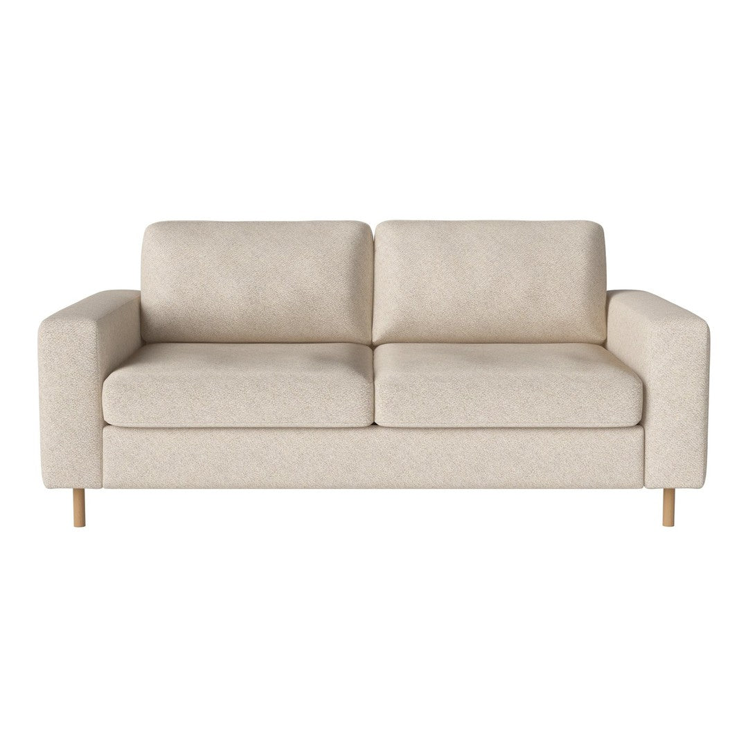 Beige fabric sofa with a clean, simple design and light wooden legs, perfect for modern living spaces.