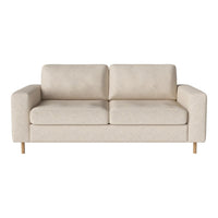 Beige fabric sofa with a clean, simple design and light wooden legs, perfect for modern living spaces.