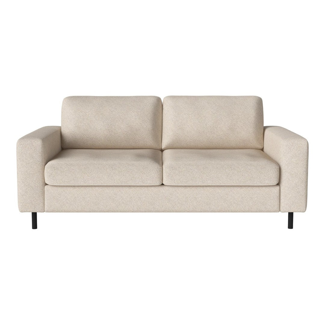 Beige upholstered sofa with a modern design and smooth fabric, featuring clean lines and black metal legs.
