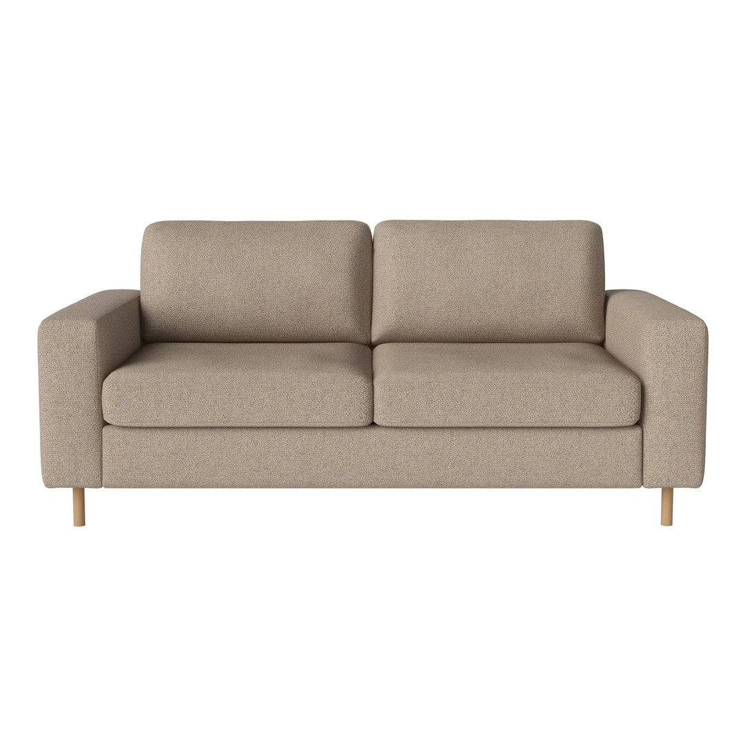 Beige upholstered sofa with clean lines and minimalist design, featuring soft fabric and natural wood legs.