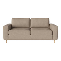 Beige fabric sofa with clean lines and light wooden legs, featuring a simple, minimalist design.
