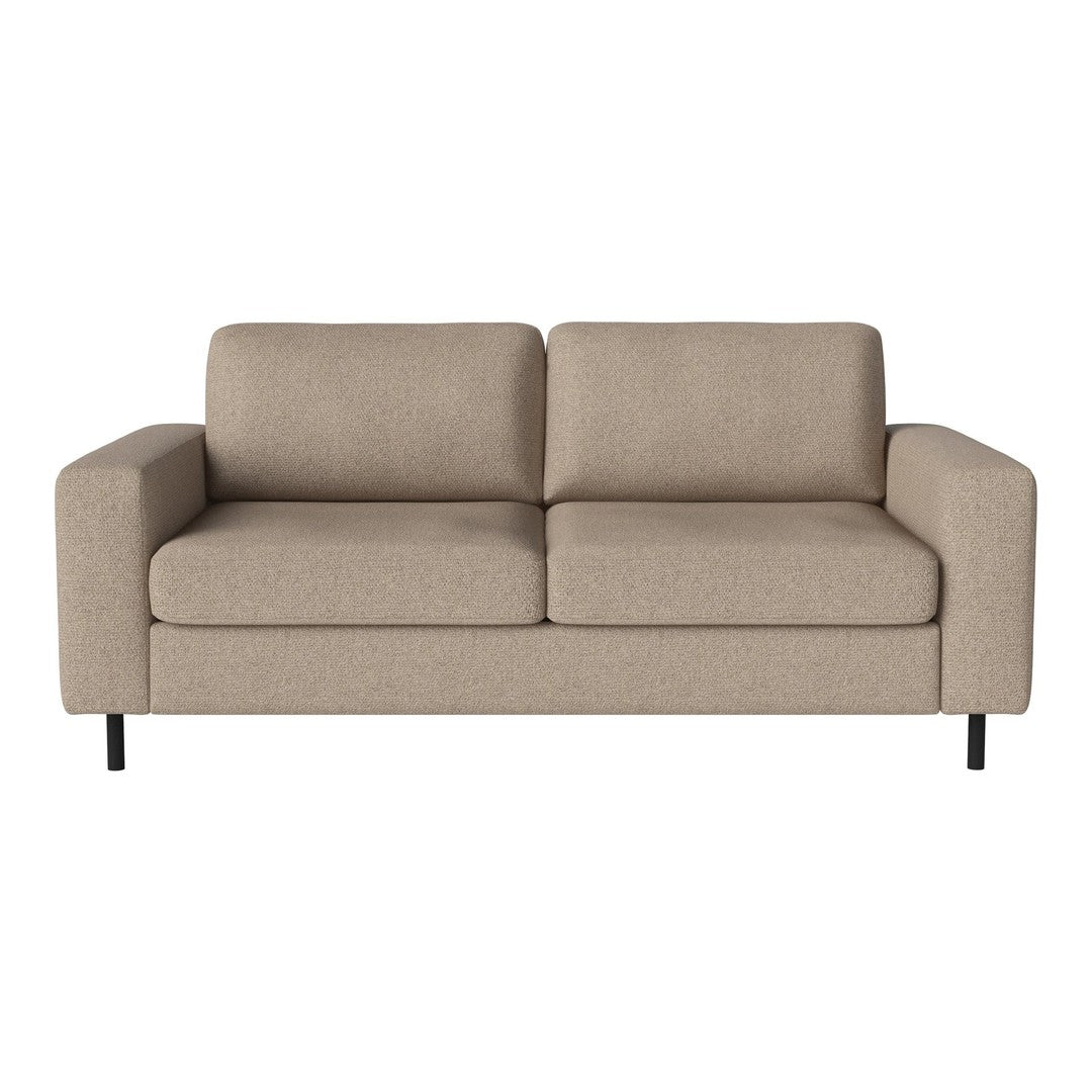Beige fabric two-seater sofa with a minimalist design and clean lines, featuring soft-textured upholstery.