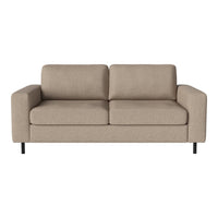 Beige fabric two-seater sofa with a minimalist design and clean lines, featuring soft-textured upholstery.