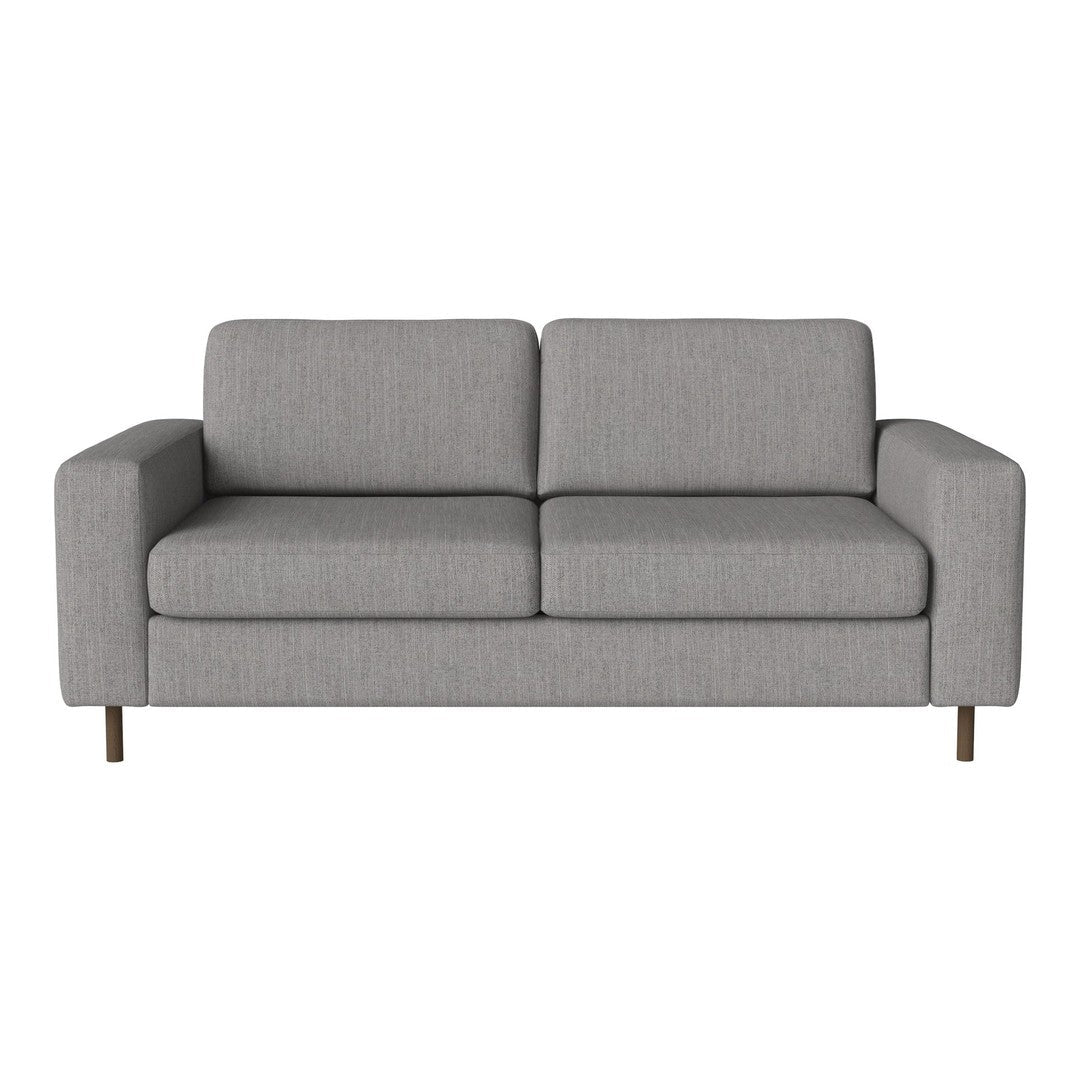 Gray upholstered sofa with a minimalist design and two spacious cushions, featuring clean lines and sturdy wooden legs.