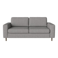 Gray upholstered sofa with a minimalist design and two spacious cushions, featuring clean lines and sturdy wooden legs.