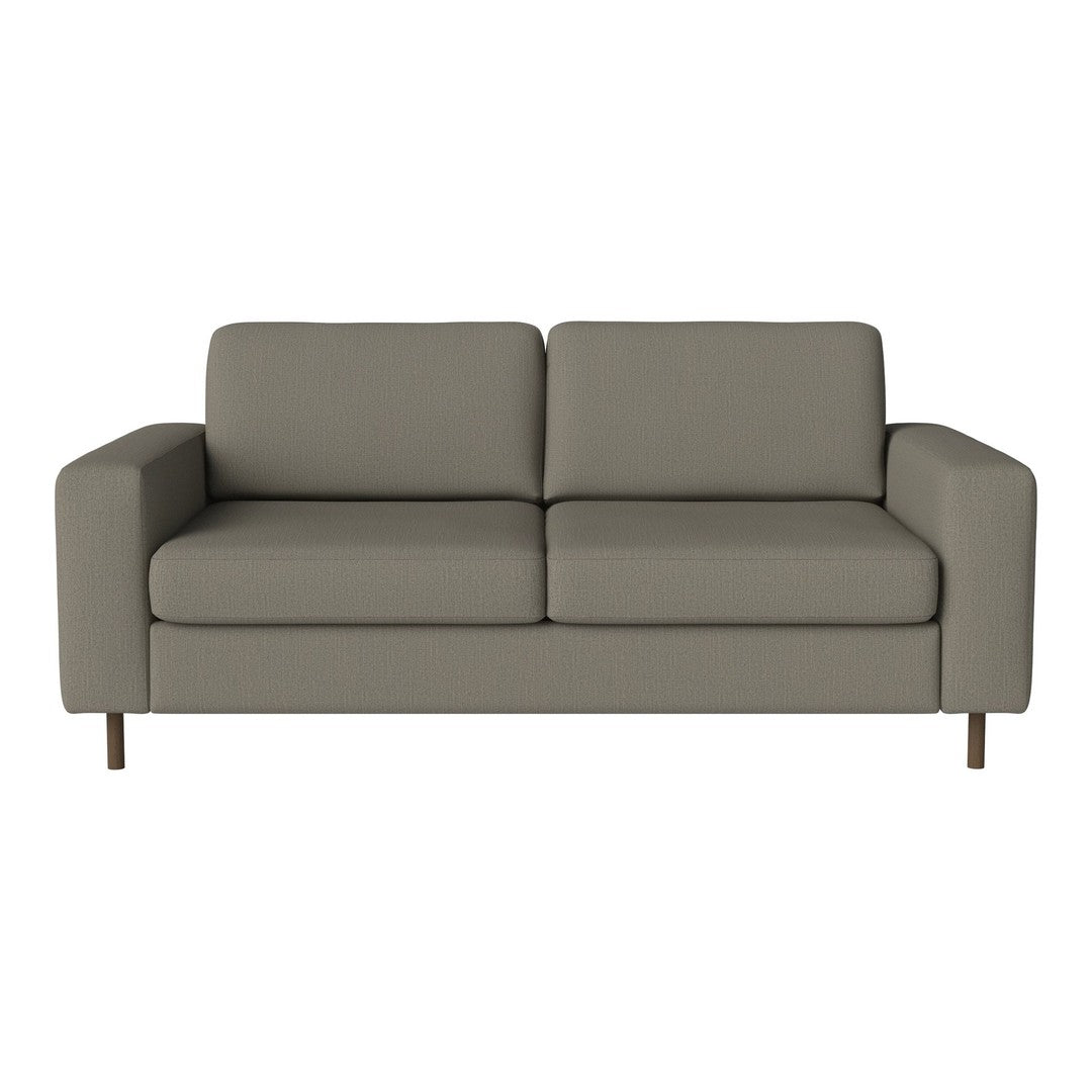 Gray two-seater sofa with clean lines and smooth upholstery, complemented by light wooden legs.