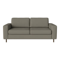 Gray two-seater sofa with clean lines and smooth upholstery, complemented by light wooden legs.