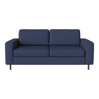 Navy blue fabric sofa with a modern design and smooth texture, featuring clean lines and minimalist silhouette.