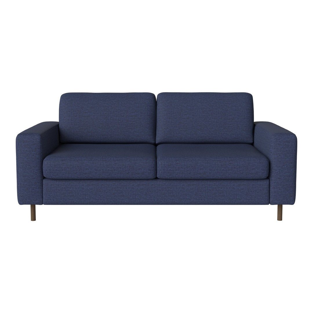 Navy blue upholstered sofa with a textured pattern and wooden legs, featuring a modern, minimalist design.