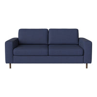 Navy blue upholstered sofa with a textured pattern and wooden legs, featuring a modern, minimalist design.