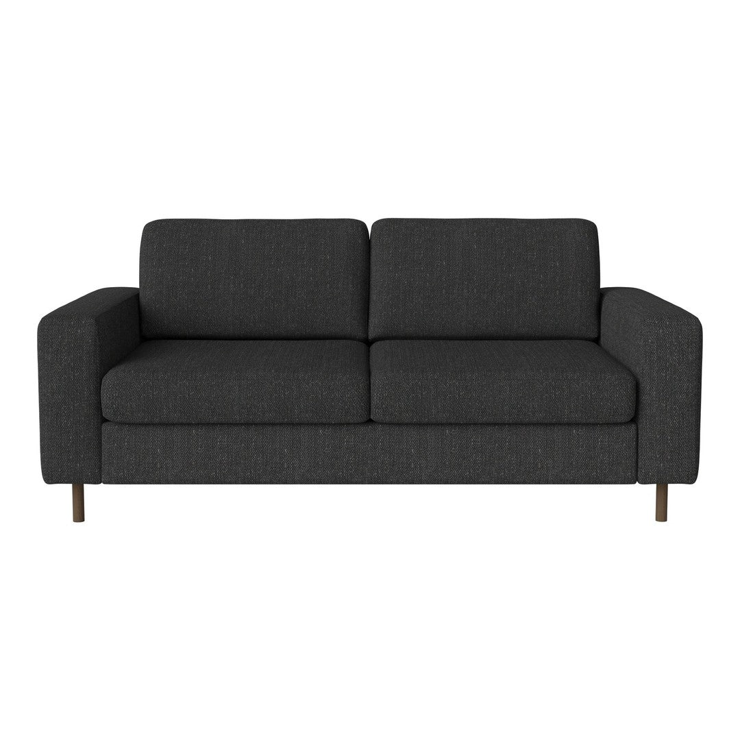 Gray fabric sofa with a minimalist design and wooden legs, featuring a smooth, contemporary texture.
