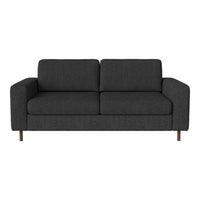 Dark gray fabric sofa with clean lines and a minimalist design, featuring wooden legs for a modern touch.