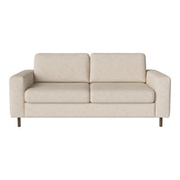 Beige fabric sofa with a minimalist design and smooth, even texture, featuring light brown wooden legs.