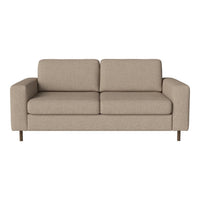 Beige two-seater sofa with clean lines and smooth fabric, featuring minimalist design and wooden legs.