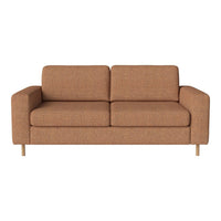Brown patterned sofa with smooth fabric and light wooden legs, ideal for modern living spaces.