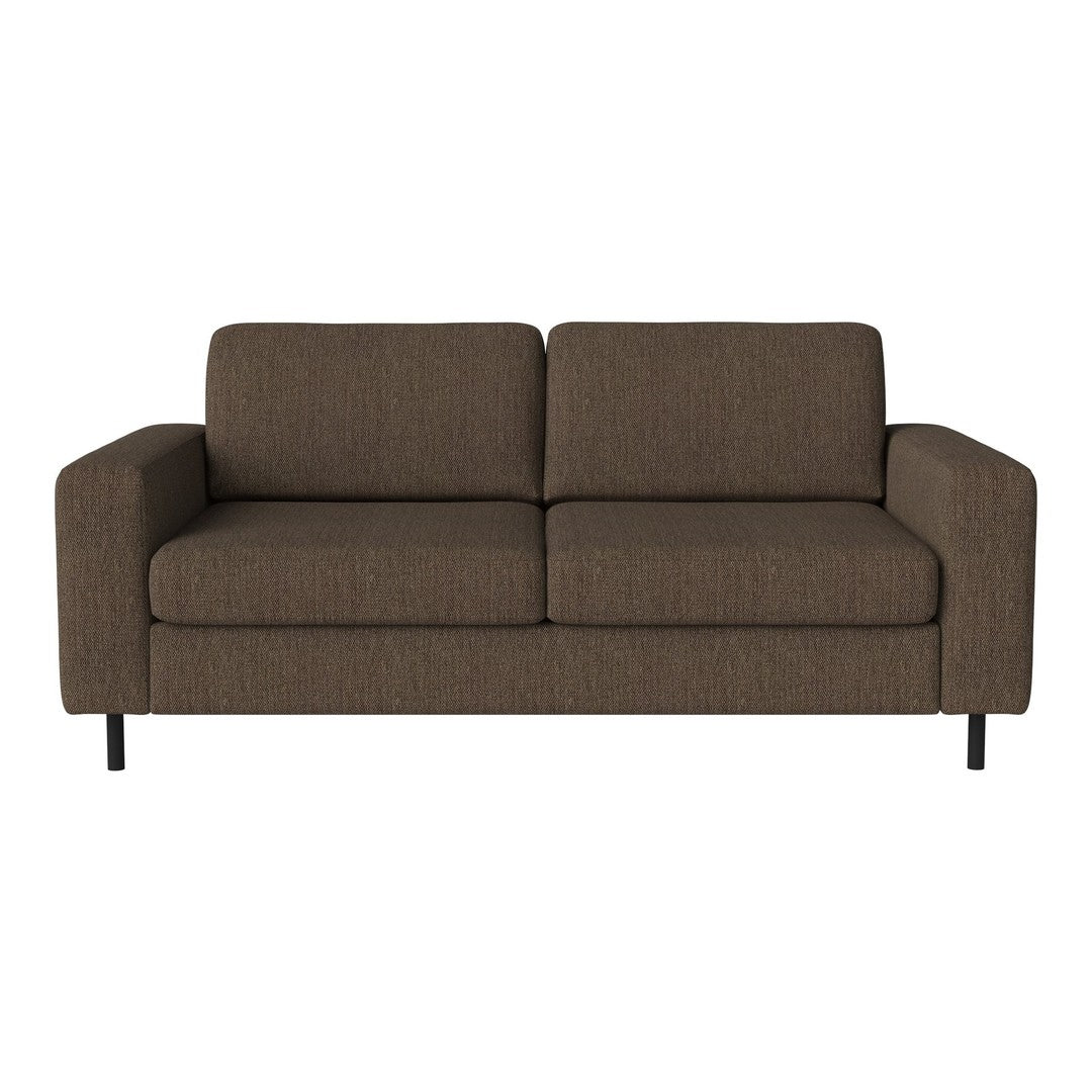 Brown upholstered sofa with a textured pattern and minimalist design, featuring black metal legs. Ideal for modern decor.