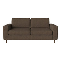 Stylish dark brown couch with a textured fabric pattern, featuring minimalistic design and contrasting light wooden legs.