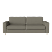 Gray upholstered sofa with clean lines and a minimalist design, featuring light wooden legs.