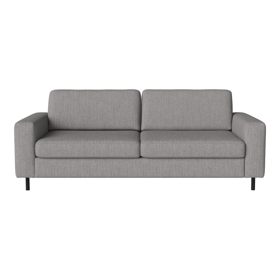 Gray fabric sofa with a minimalist design, featuring clean lines and subtle texture for a modern aesthetic.