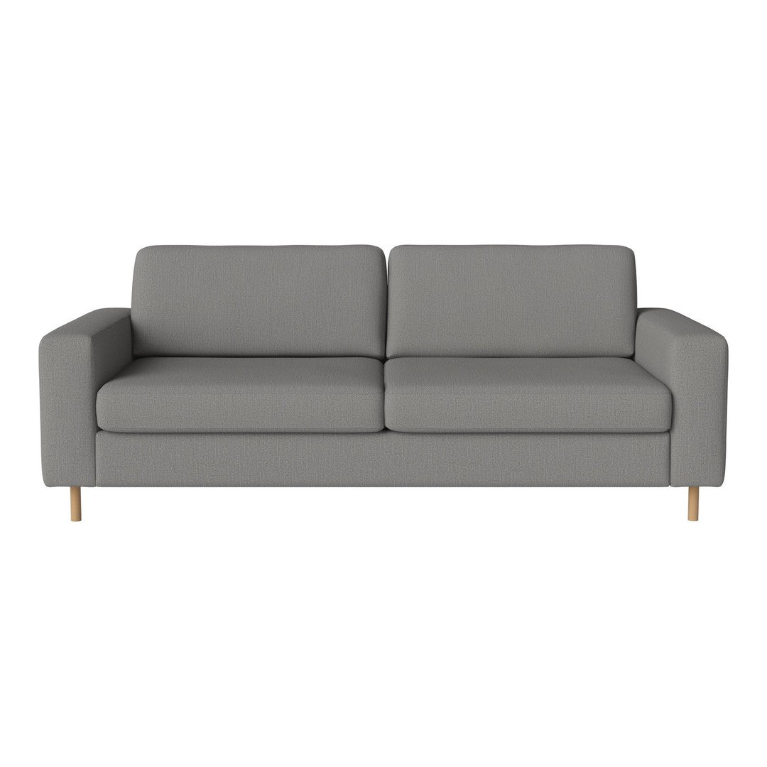 Gray upholstered sofa with a minimalistic design and light wooden legs, perfect for modern decor.