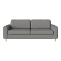 Gray upholstered sofa with a minimalistic design and light wooden legs, perfect for modern decor.